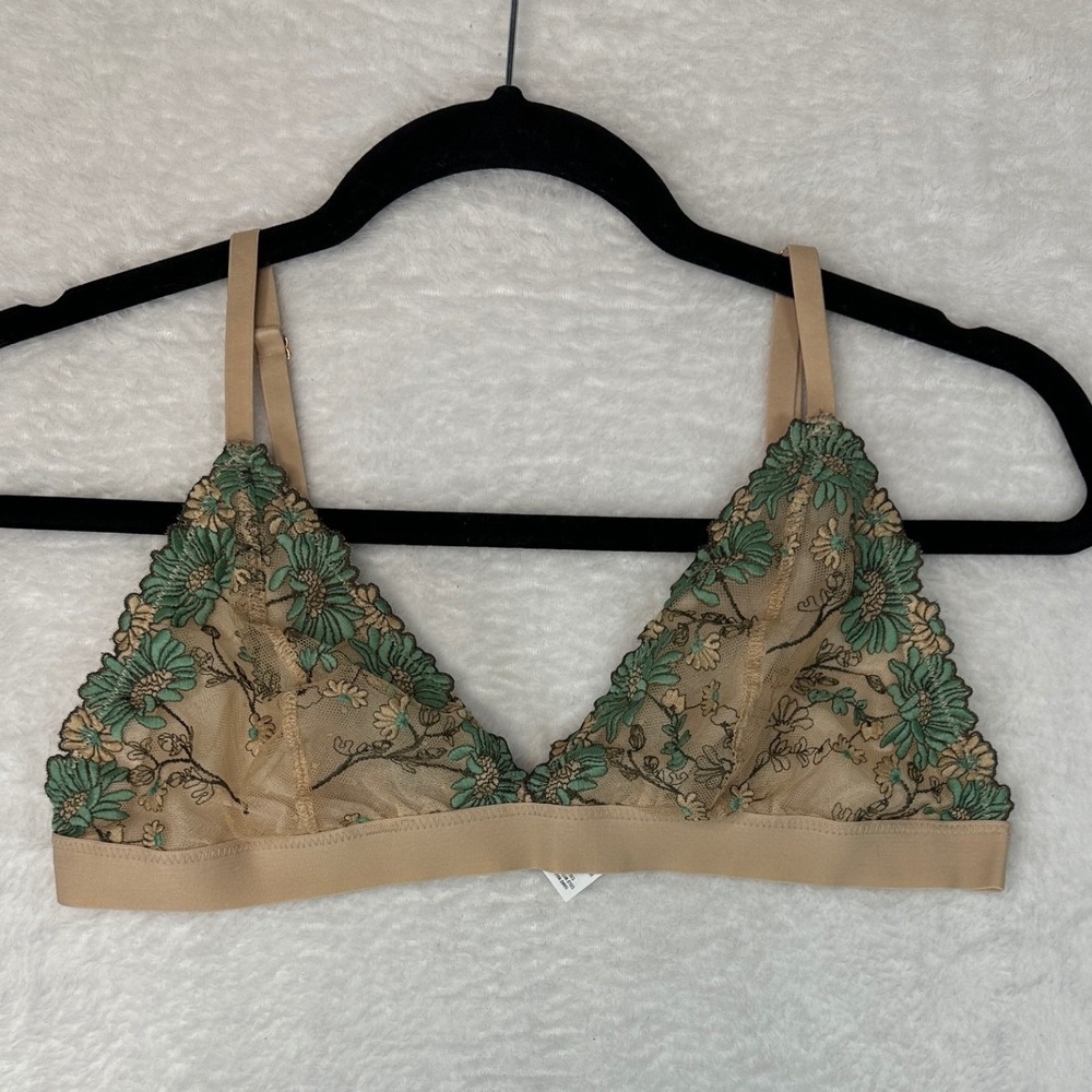 Aerie Bralette Womens Large Tan Green Floral Embroidered Triangle Mesh